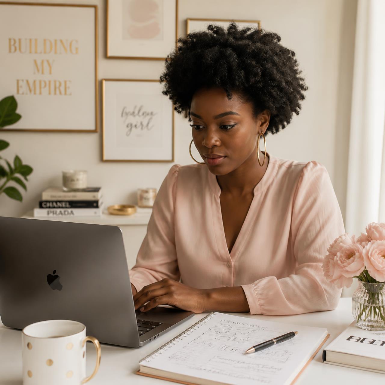 Young entrepreneur planning her business on a laptop with a notebook of ideas